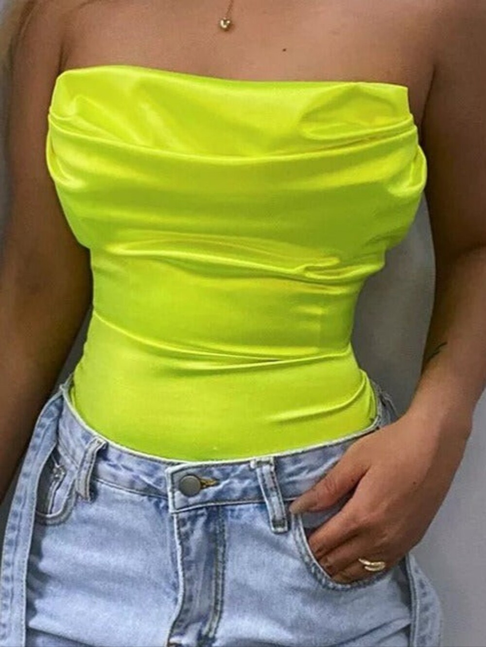 Neon Lime Satin Strapless Bodysuit